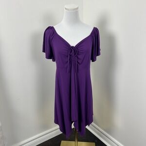 Meaneor Top Womens XL Purple Flutter Sleeve Ruched Tie Front Flowy Stretch